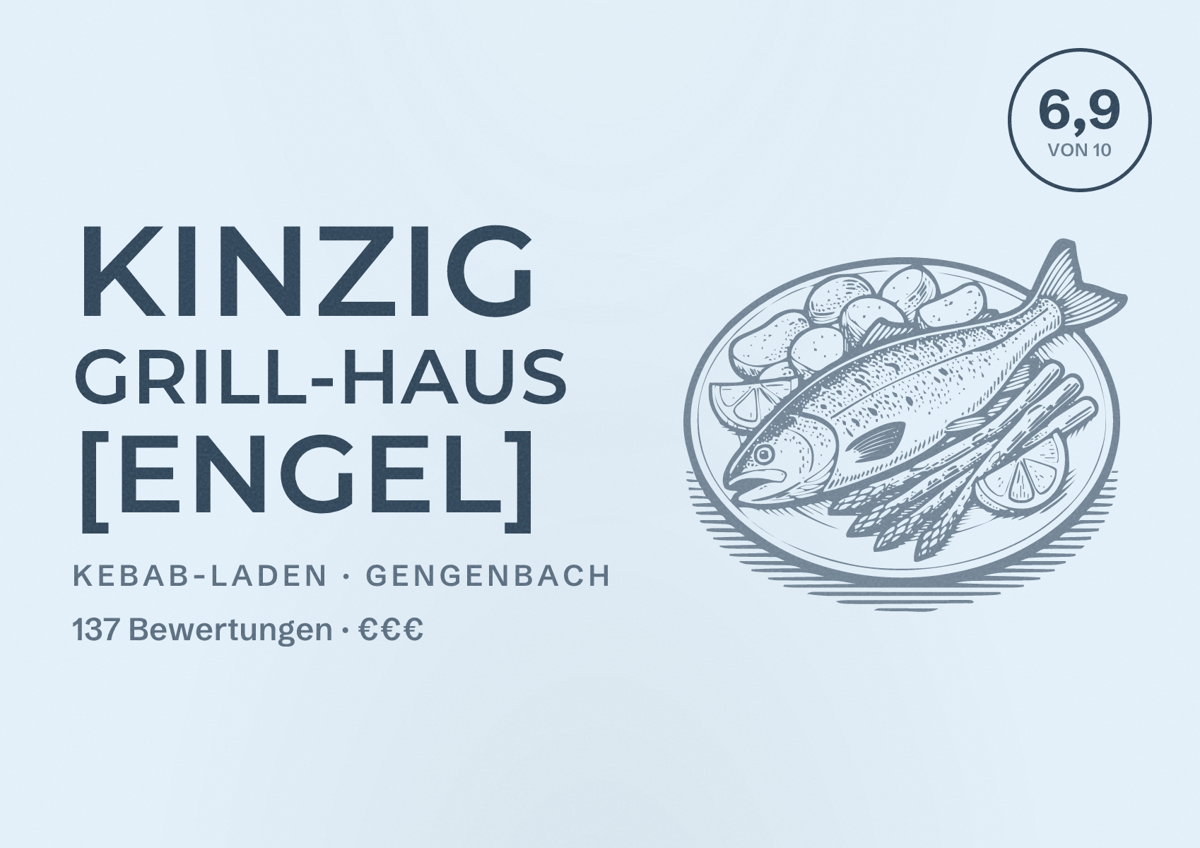 Illustriertes Poster von Kinzig Grill-Haus [Engel], Kebab-Laden in Gengenbach: Bewertung 6,9 von 10 aus 137 Bewertungen, Preisniveau €€€