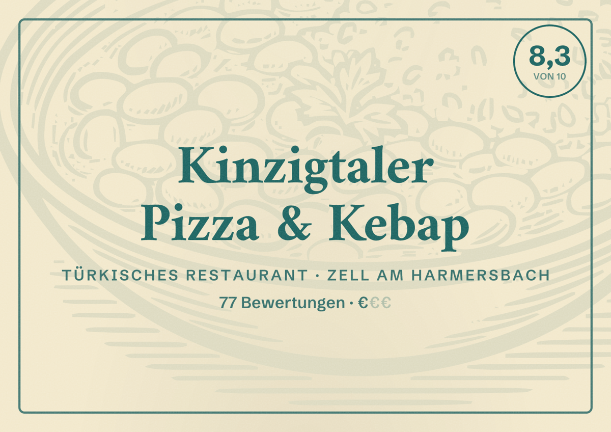 Illustriertes Poster von Kinzigtaler Pizza & Kebap, Türkisches Restaurant in Zell am Harmersbach: Bewertung 8,3 von 10 aus 77 Bewertungen, Preisniveau €