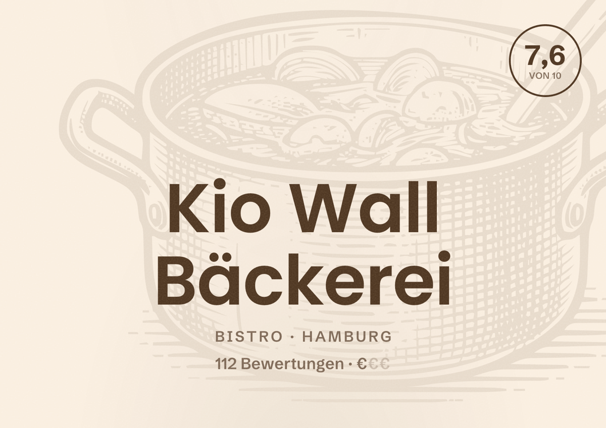 Illustriertes Poster von Kio Wall Bäckerei, Bistro in Hamburg: Bewertung 7,6 von 10 aus 112 Bewertungen, Preisniveau €