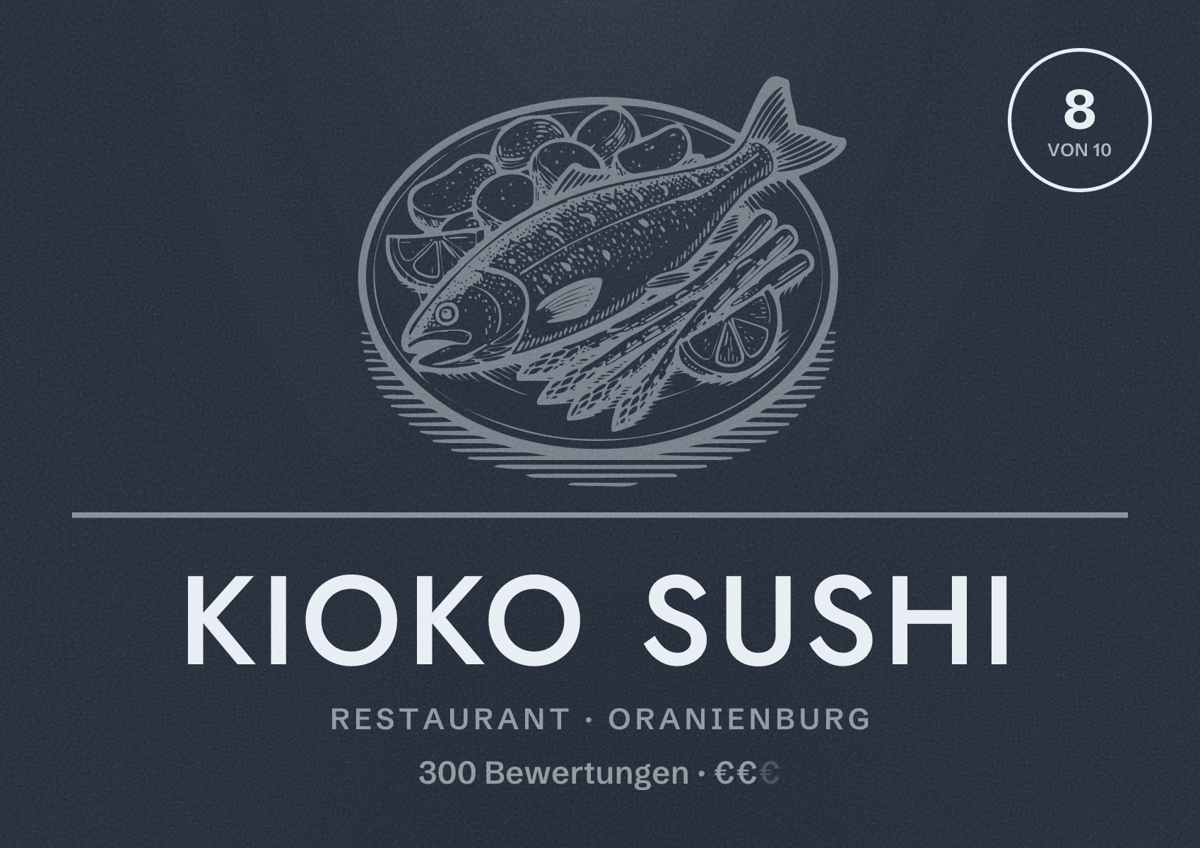 Illustriertes Poster von Kioko Sushi, Restaurant in Oranienburg: Bewertung 8 von 10 aus 300 Bewertungen, Preisniveau €€