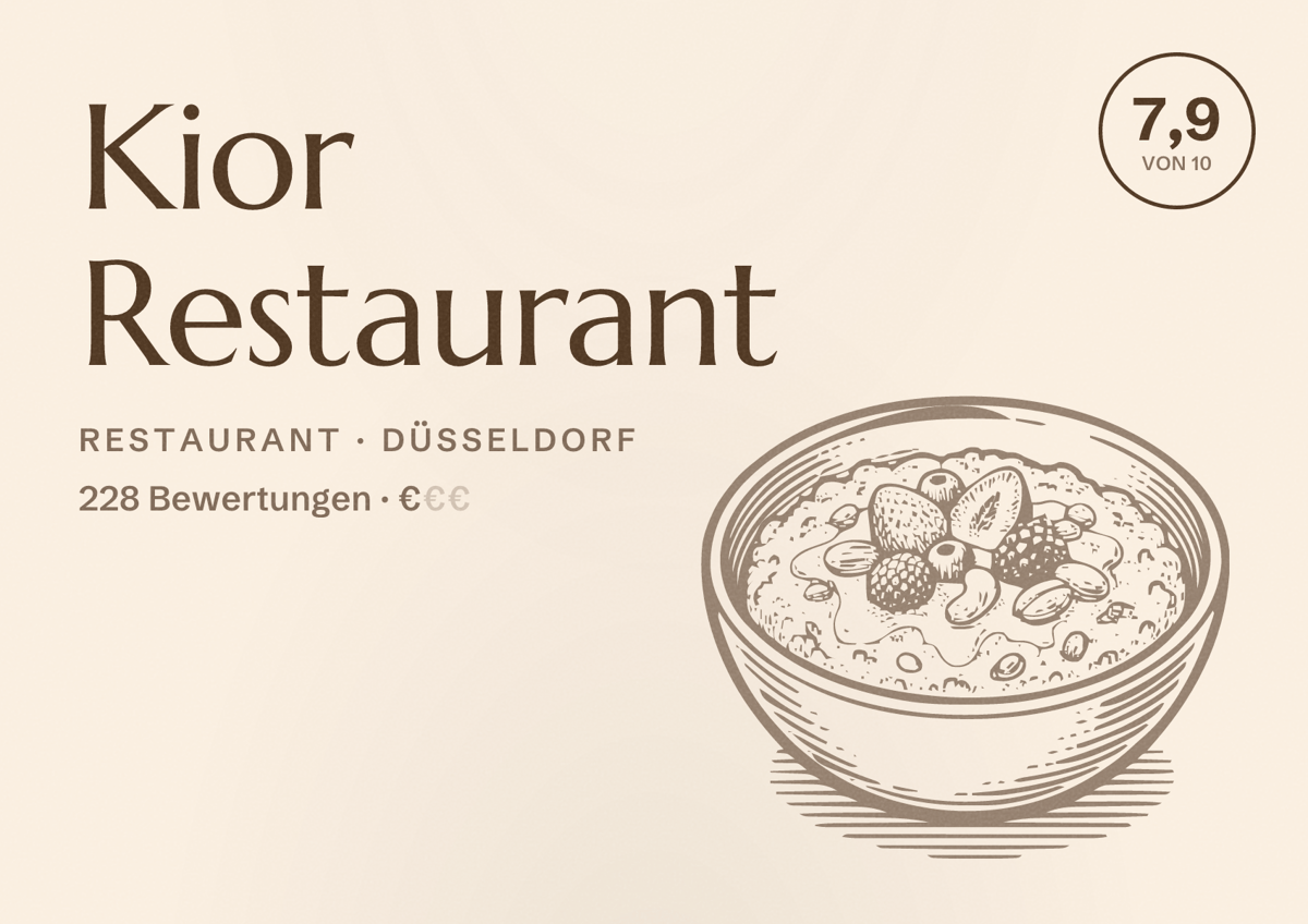 Illustriertes Poster von Kior Restaurant, Restaurant in Düsseldorf: Bewertung 7,9 von 10 aus 228 Bewertungen, Preisniveau €