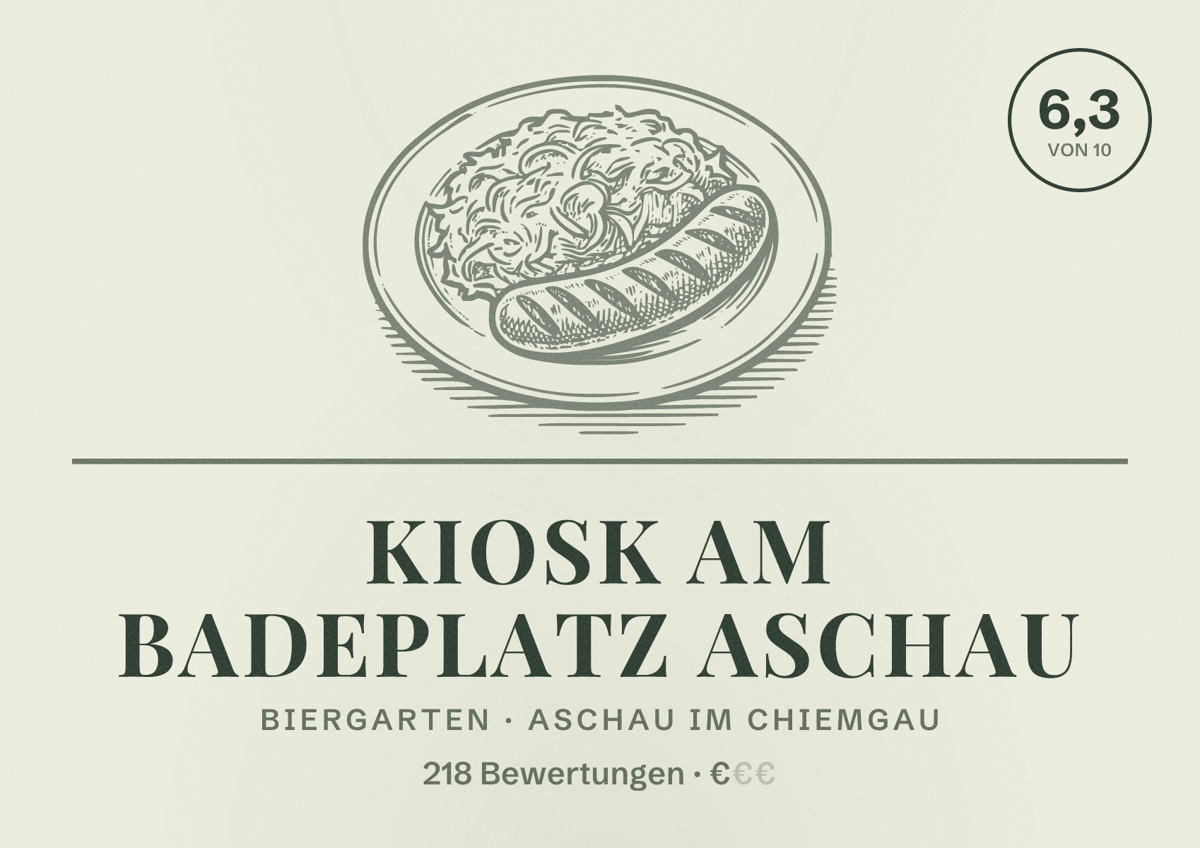 Illustriertes Poster von Kiosk am Badeplatz Aschau, Biergarten in Aschau im Chiemgau: Bewertung 6,3 von 10 aus 218 Bewertungen, Preisniveau €