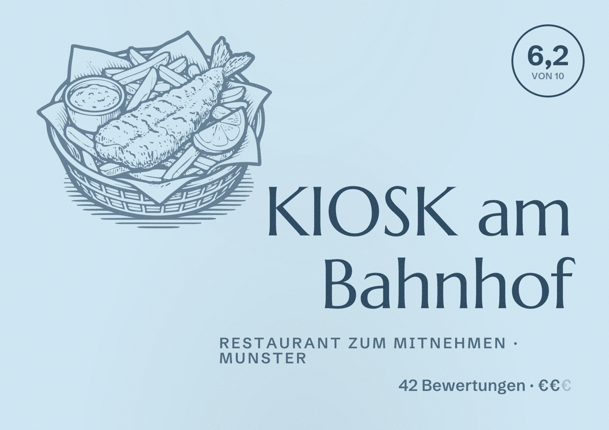 Illustriertes Poster von KIOSK am Bahnhof, Restaurant zum Mitnehmen in Munster: Bewertung 6,2 von 10 aus 42 Bewertungen, Preisniveau €€
