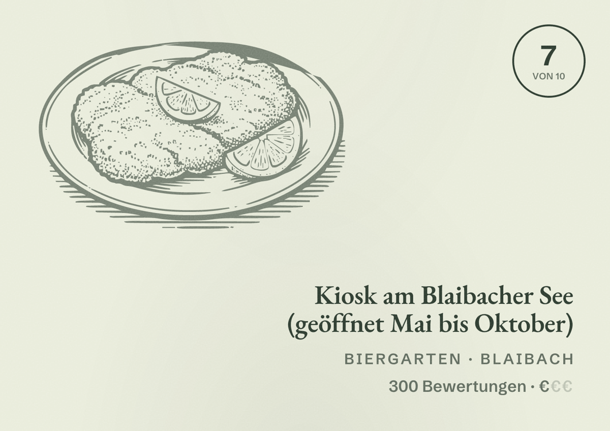 Illustriertes Poster von Kiosk am Blaibacher See (geöffnet Mai bis Oktober), Biergarten in Blaibach: Bewertung 7 von 10 aus 300 Bewertungen, Preisniveau €