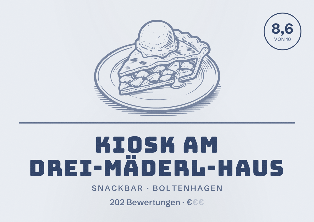 Illustriertes Poster von Kiosk am Drei-Mäderl-Haus, Snackbar in Boltenhagen: Bewertung 8,6 von 10 aus 202 Bewertungen, Preisniveau €