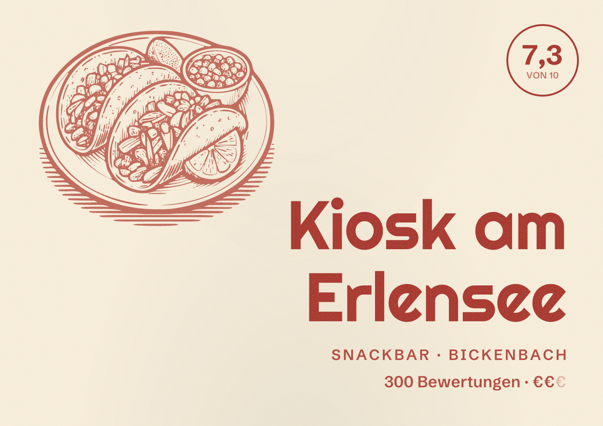 Illustriertes Poster von Kiosk am Erlensee, Snackbar in Bickenbach: Bewertung 7,3 von 10 aus 300 Bewertungen, Preisniveau €€