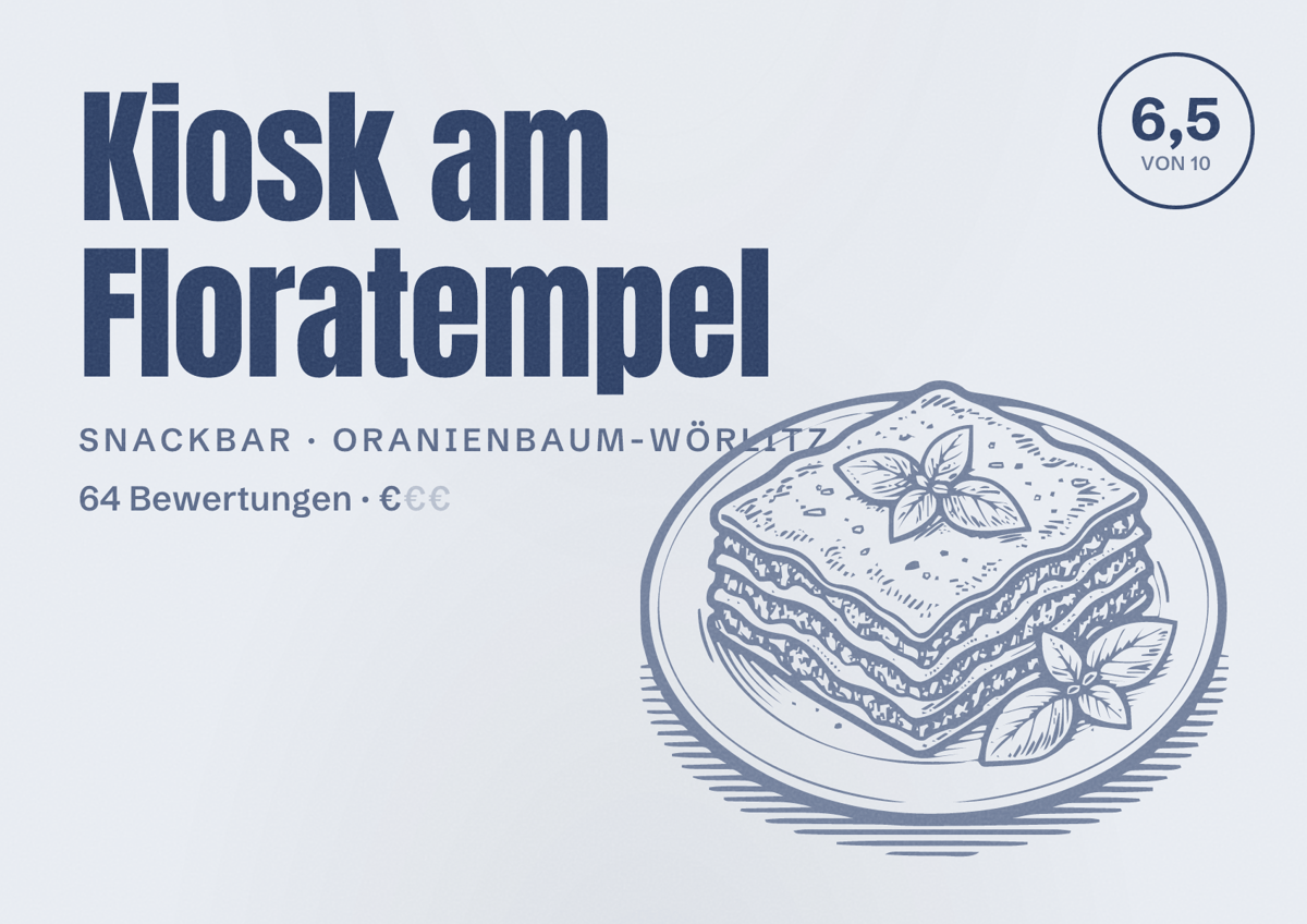 Illustriertes Poster von Kiosk am Floratempel, Snackbar in Oranienbaum-Wörlitz: Bewertung 6,5 von 10 aus 64 Bewertungen, Preisniveau €
