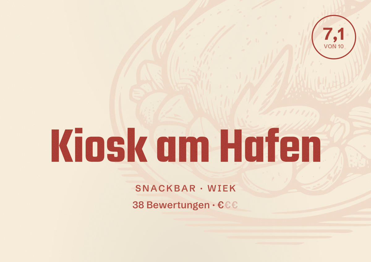 Illustriertes Poster von Kiosk am Hafen, Snackbar in Wiek: Bewertung 7,1 von 10 aus 38 Bewertungen, Preisniveau €