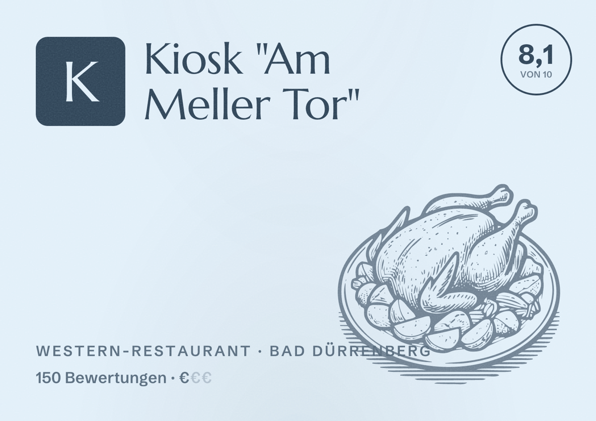 Illustriertes Poster von Kiosk "Am Meller Tor", Western-Restaurant in Bad Dürrenberg: Bewertung 8,1 von 10 aus 150 Bewertungen, Preisniveau €