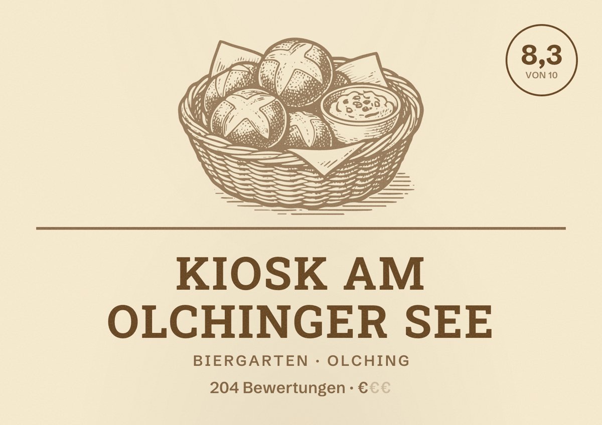 Illustriertes Poster von Kiosk am Olchinger See, Biergarten in Olching: Bewertung 8,3 von 10 aus 204 Bewertungen, Preisniveau €