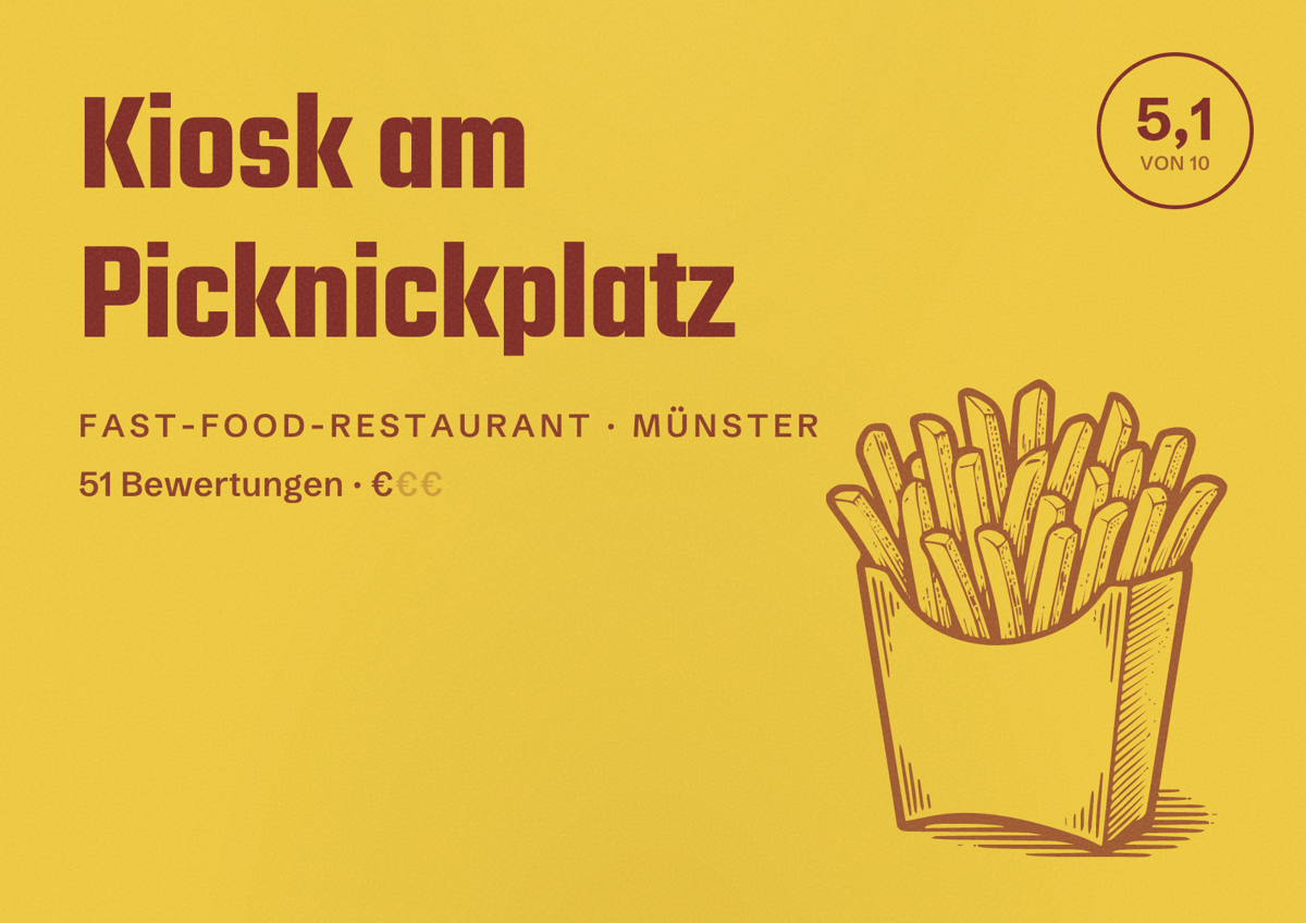Illustriertes Poster von Kiosk am Picknickplatz, Fast-Food-Restaurant in Münster: Bewertung 5,1 von 10 aus 51 Bewertungen, Preisniveau €