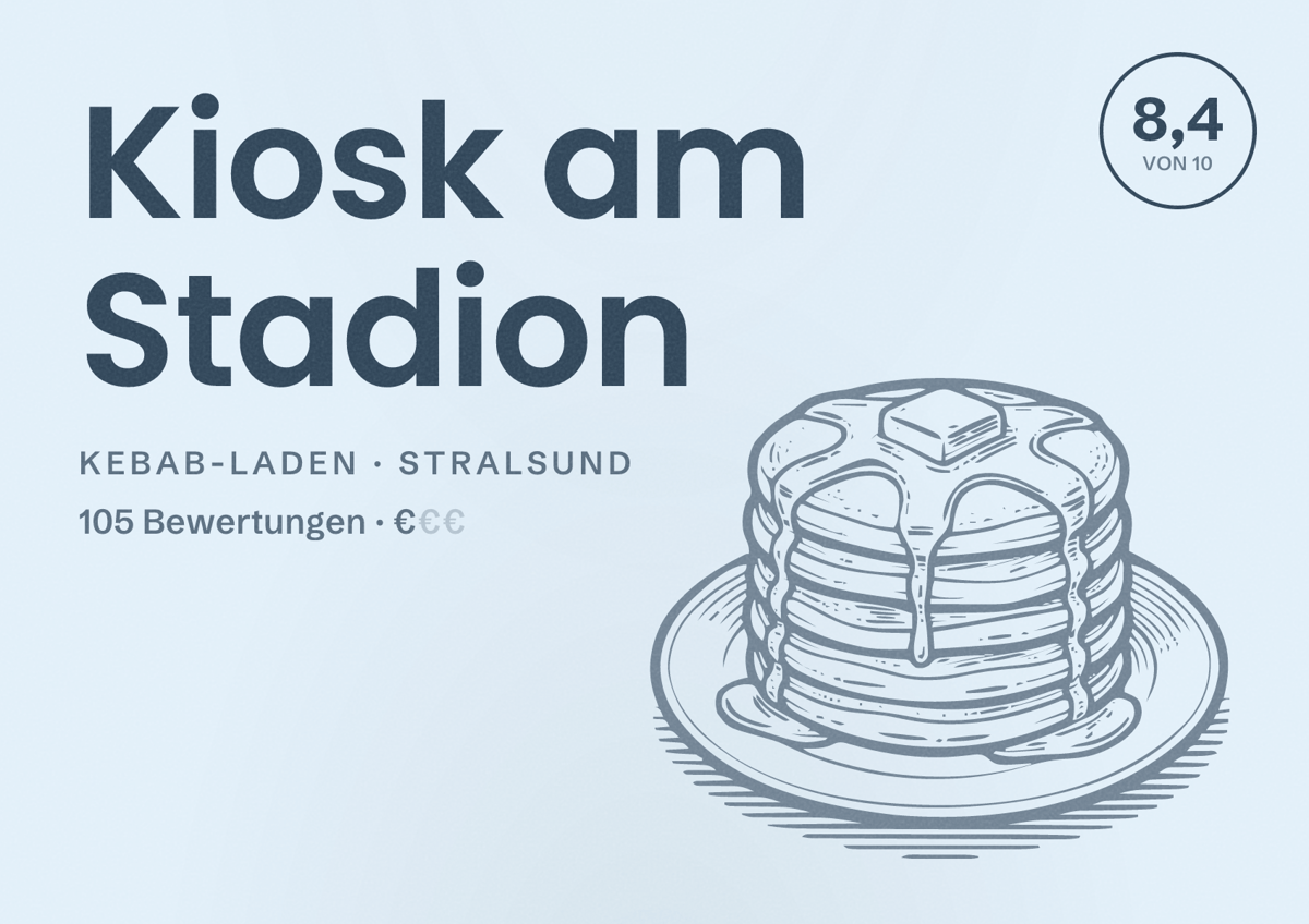 Illustriertes Poster von Kiosk am Stadion, Kebab-Laden in Stralsund: Bewertung 8,4 von 10 aus 105 Bewertungen, Preisniveau €