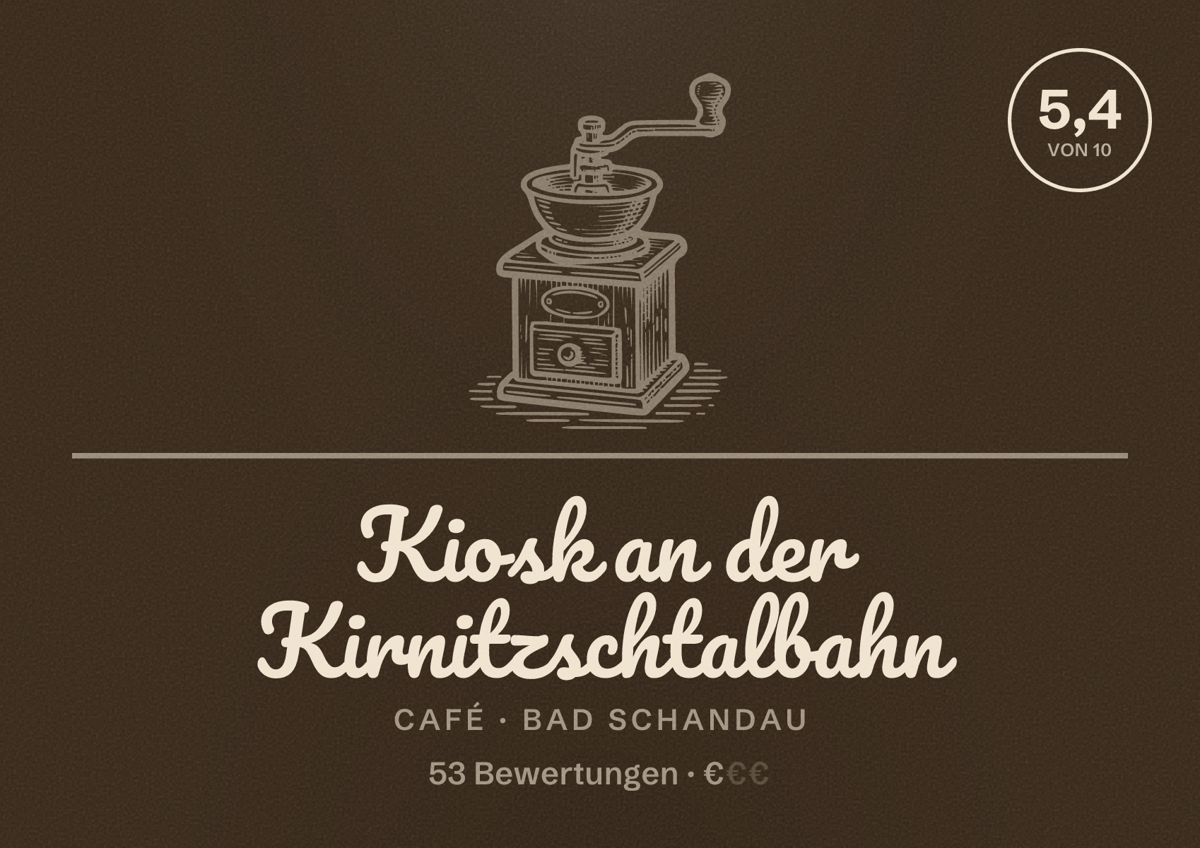 Illustriertes Poster von Kiosk an der Kirnitzschtalbahn, Café in Bad Schandau: Bewertung 5,4 von 10 aus 53 Bewertungen, Preisniveau €