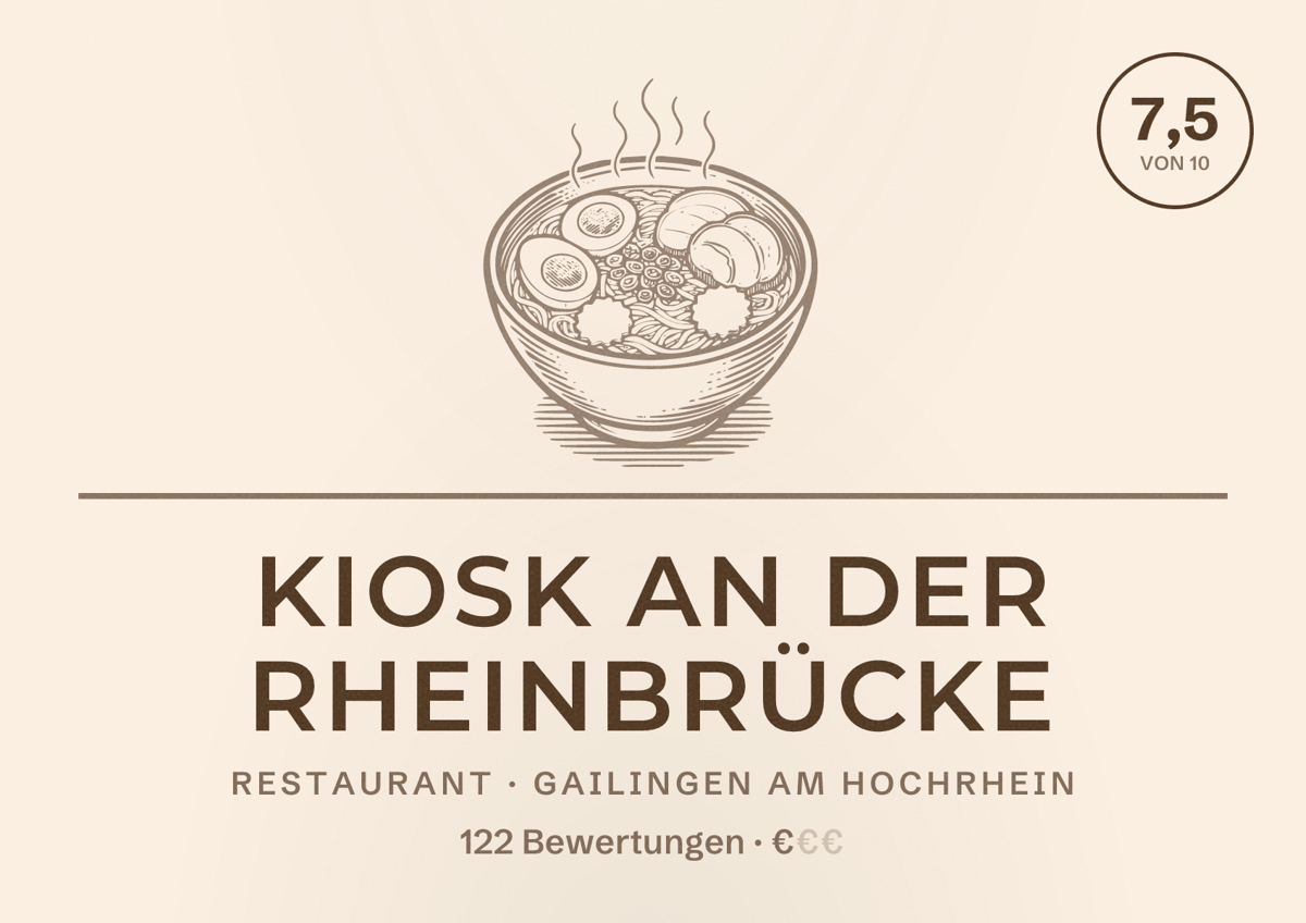 Illustriertes Poster von Kiosk an der Rheinbrücke, Restaurant in Gailingen am Hochrhein: Bewertung 7,5 von 10 aus 122 Bewertungen, Preisniveau €