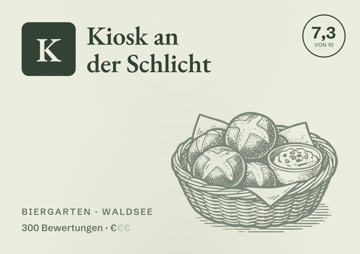 Illustriertes Poster von Kiosk an der Schlicht, Biergarten in Waldsee: Bewertung 7,3 von 10 aus 300 Bewertungen, Preisniveau €