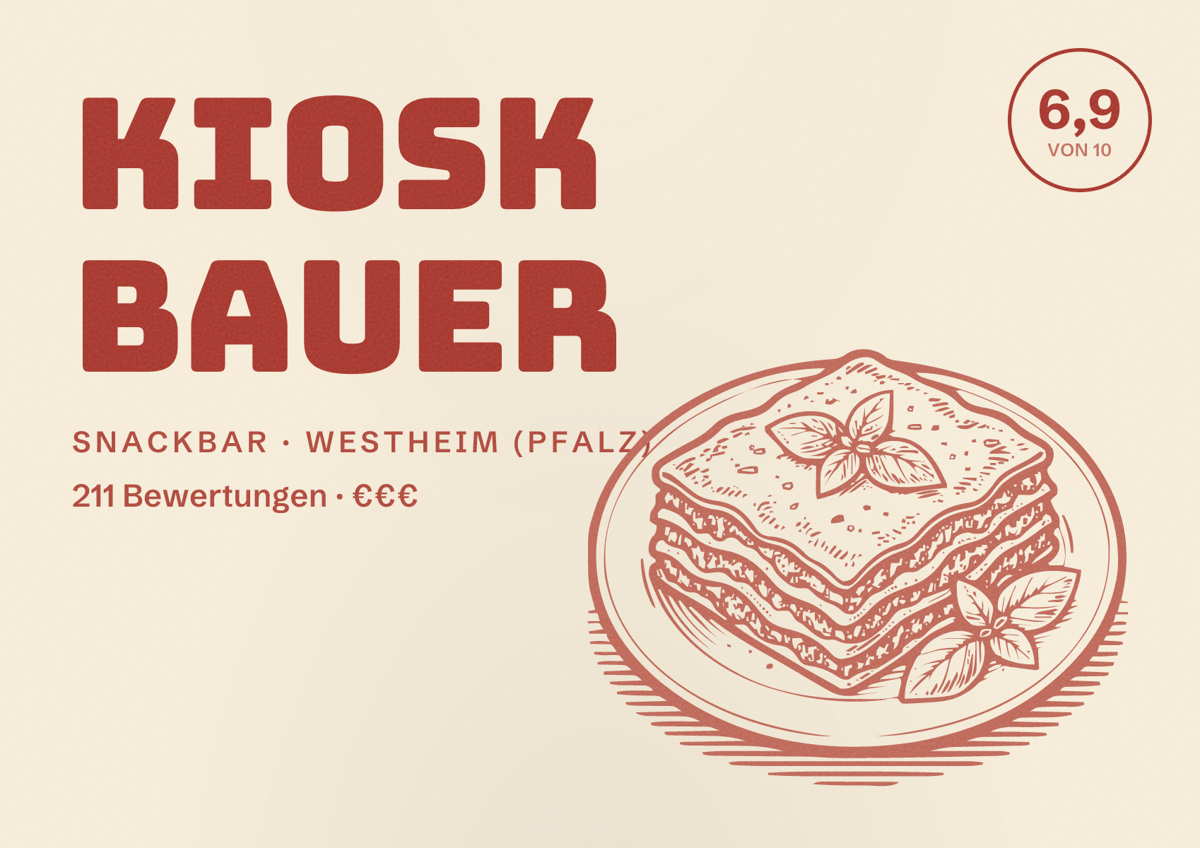 Illustriertes Poster von Kiosk Bauer, Snackbar in Westheim (Pfalz): Bewertung 6,9 von 10 aus 211 Bewertungen, Preisniveau €€€