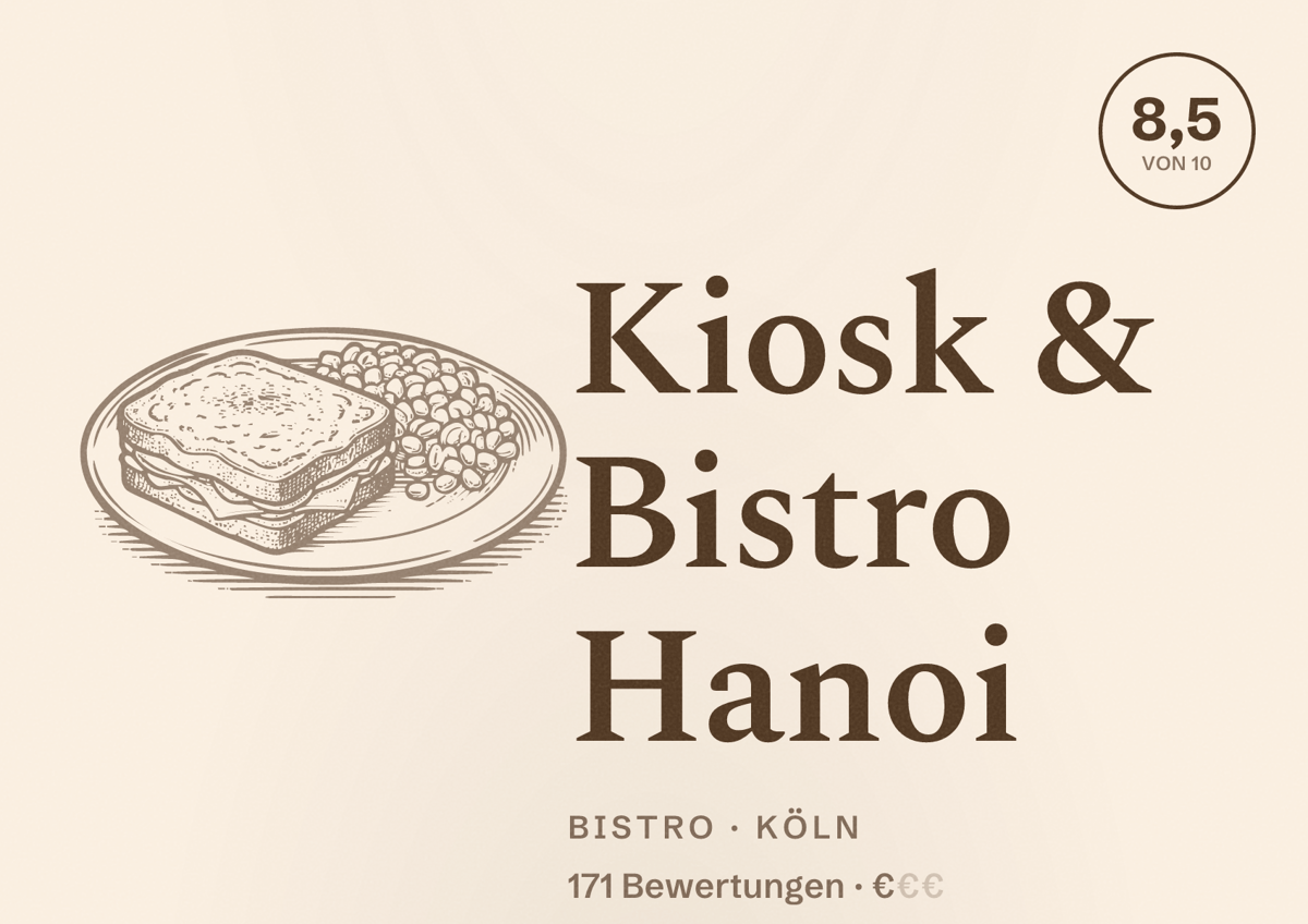 Illustriertes Poster von Kiosk & Bistro Hanoi, Bistro in Köln: Bewertung 8,5 von 10 aus 171 Bewertungen, Preisniveau €