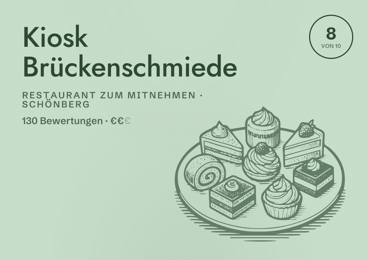 Illustriertes Poster von Kiosk Brückenschmiede, Restaurant zum Mitnehmen in Schönberg: Bewertung 8 von 10 aus 130 Bewertungen, Preisniveau €€