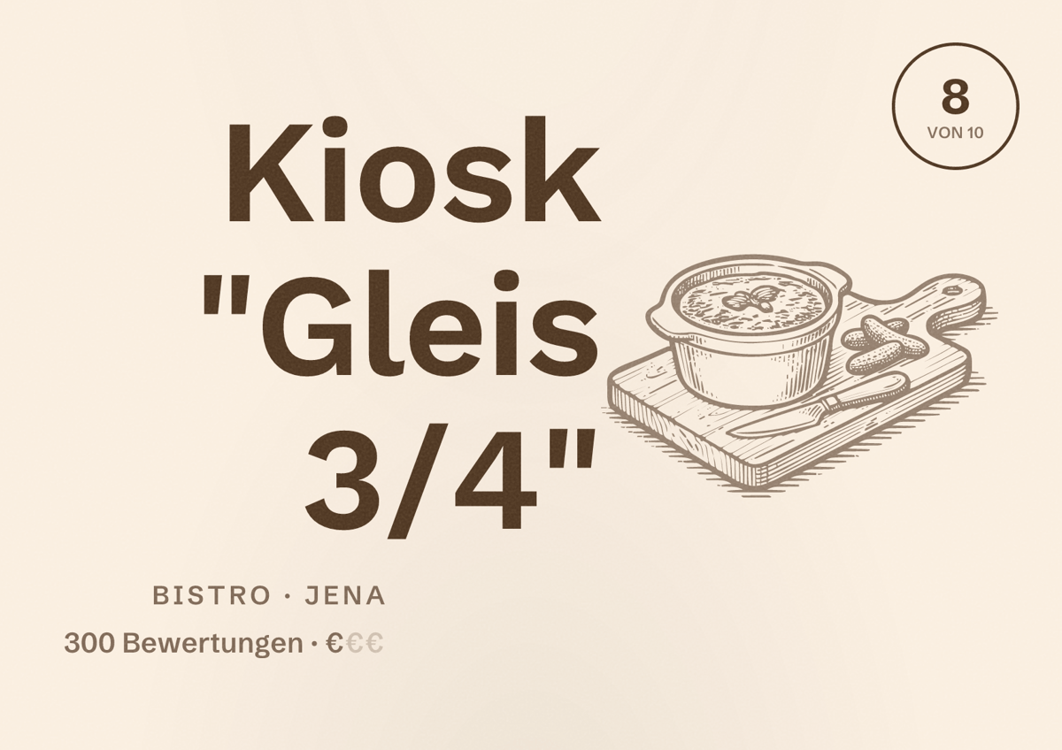 Illustriertes Poster von Kiosk "Gleis 3/4", Bistro in Jena: Bewertung 8 von 10 aus 300 Bewertungen, Preisniveau €