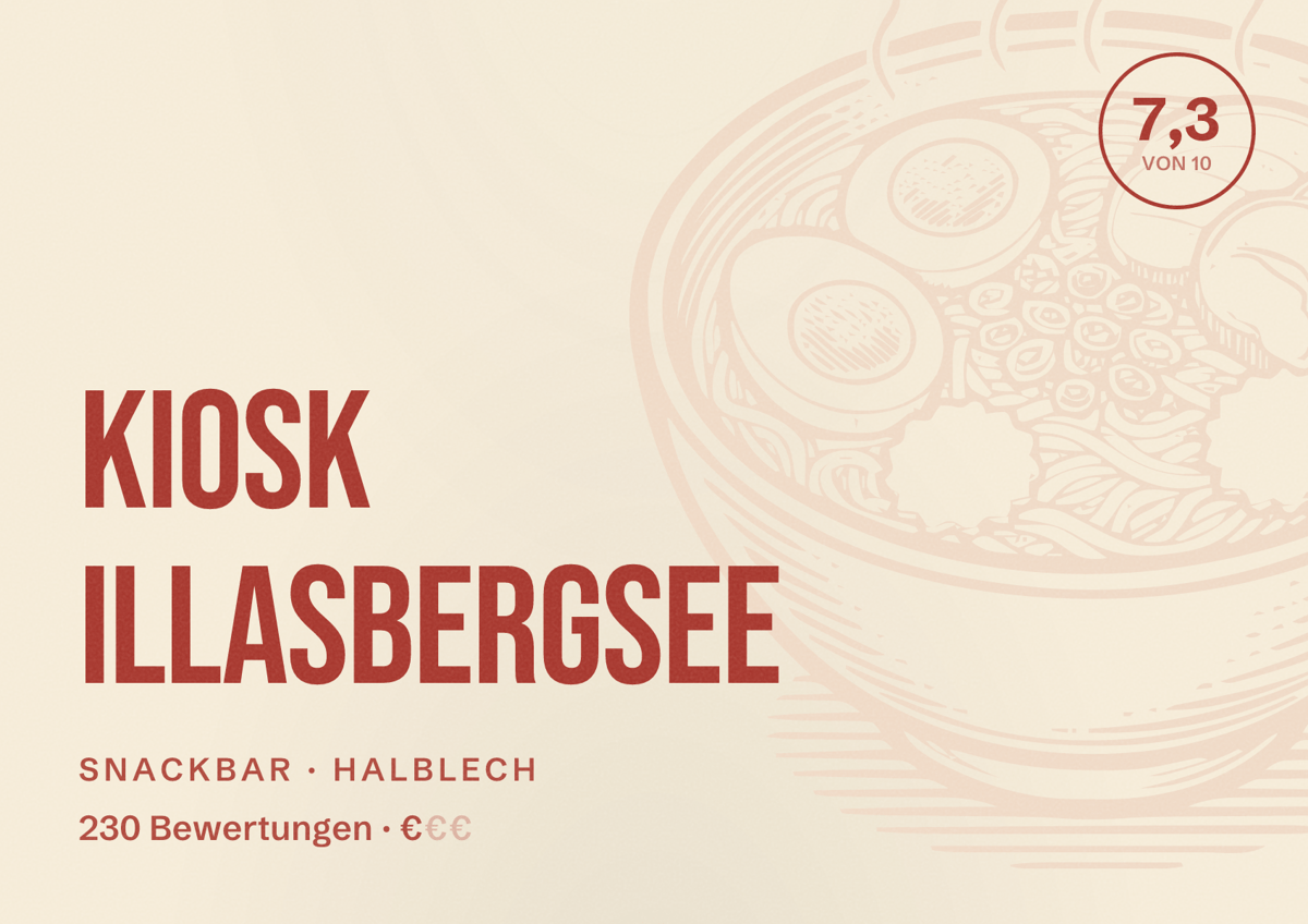 Illustriertes Poster von Kiosk Illasbergsee, Snackbar in Halblech: Bewertung 7,3 von 10 aus 230 Bewertungen, Preisniveau €