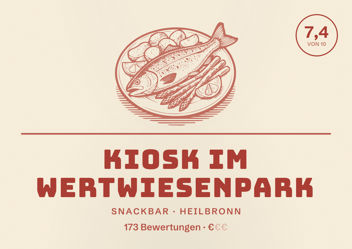 Illustriertes Poster von Kiosk im Wertwiesenpark, Snackbar in Heilbronn: Bewertung 7,4 von 10 aus 173 Bewertungen, Preisniveau €