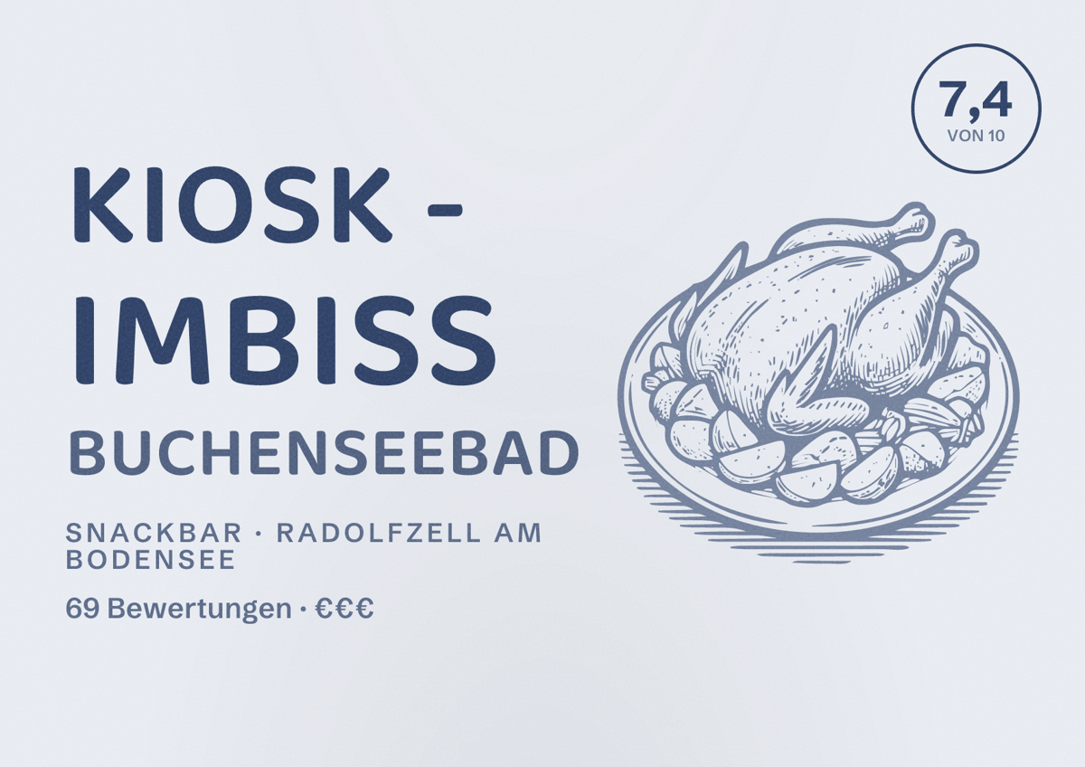Illustriertes Poster von Kiosk - Imbiss Buchenseebad, Snackbar in Radolfzell am Bodensee: Bewertung 7,4 von 10 aus 69 Bewertungen, Preisniveau €€€