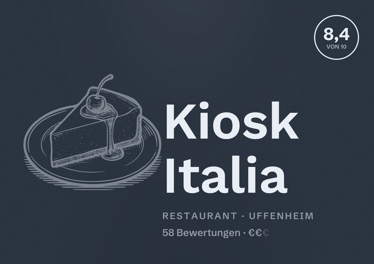 Illustriertes Poster von Kiosk Italia, Restaurant in Uffenheim: Bewertung 8,4 von 10 aus 58 Bewertungen, Preisniveau €€