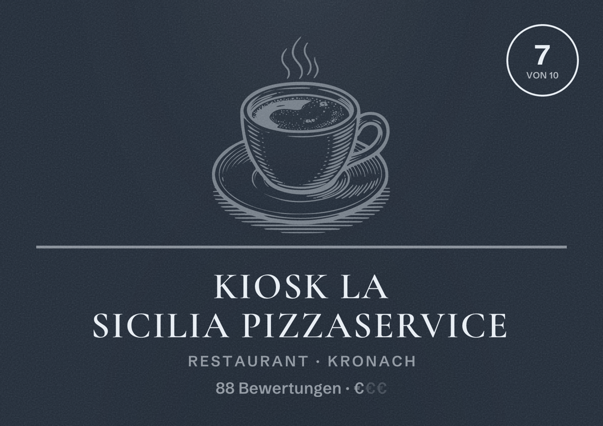 Illustriertes Poster von Kiosk La Sicilia Pizzaservice, Restaurant in Kronach: Bewertung 7 von 10 aus 88 Bewertungen, Preisniveau €