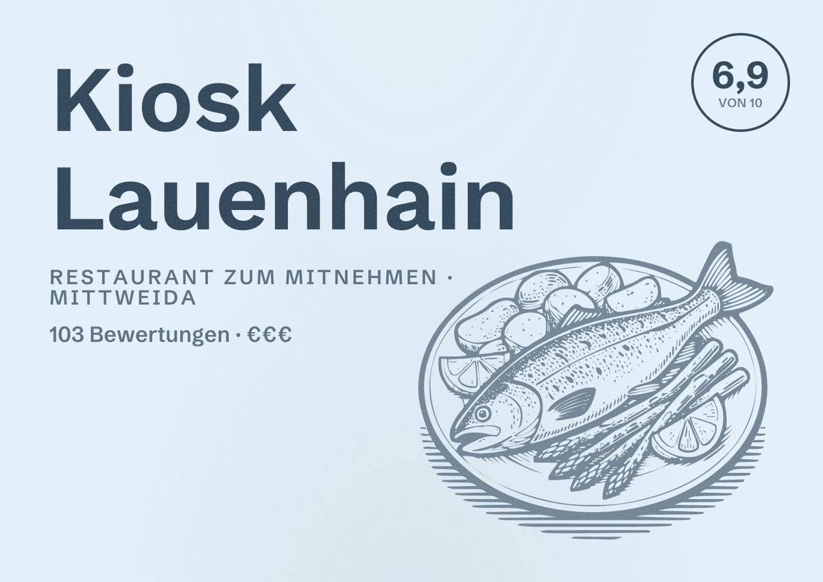 Illustriertes Poster von Kiosk Lauenhain, Restaurant zum Mitnehmen in Mittweida: Bewertung 6,9 von 10 aus 103 Bewertungen, Preisniveau €€€
