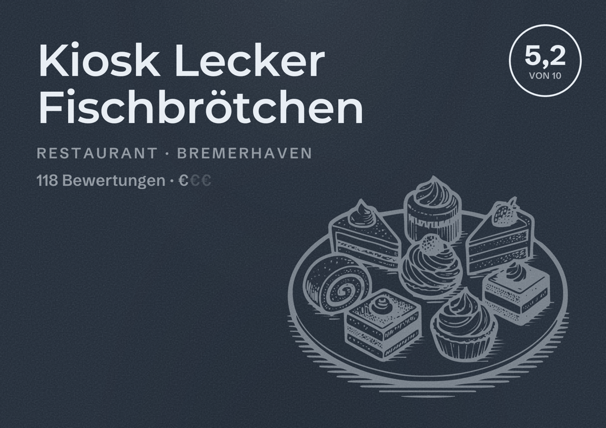 Illustriertes Poster von Kiosk Lecker Fischbrötchen, Restaurant in Bremerhaven: Bewertung 5,2 von 10 aus 118 Bewertungen, Preisniveau €