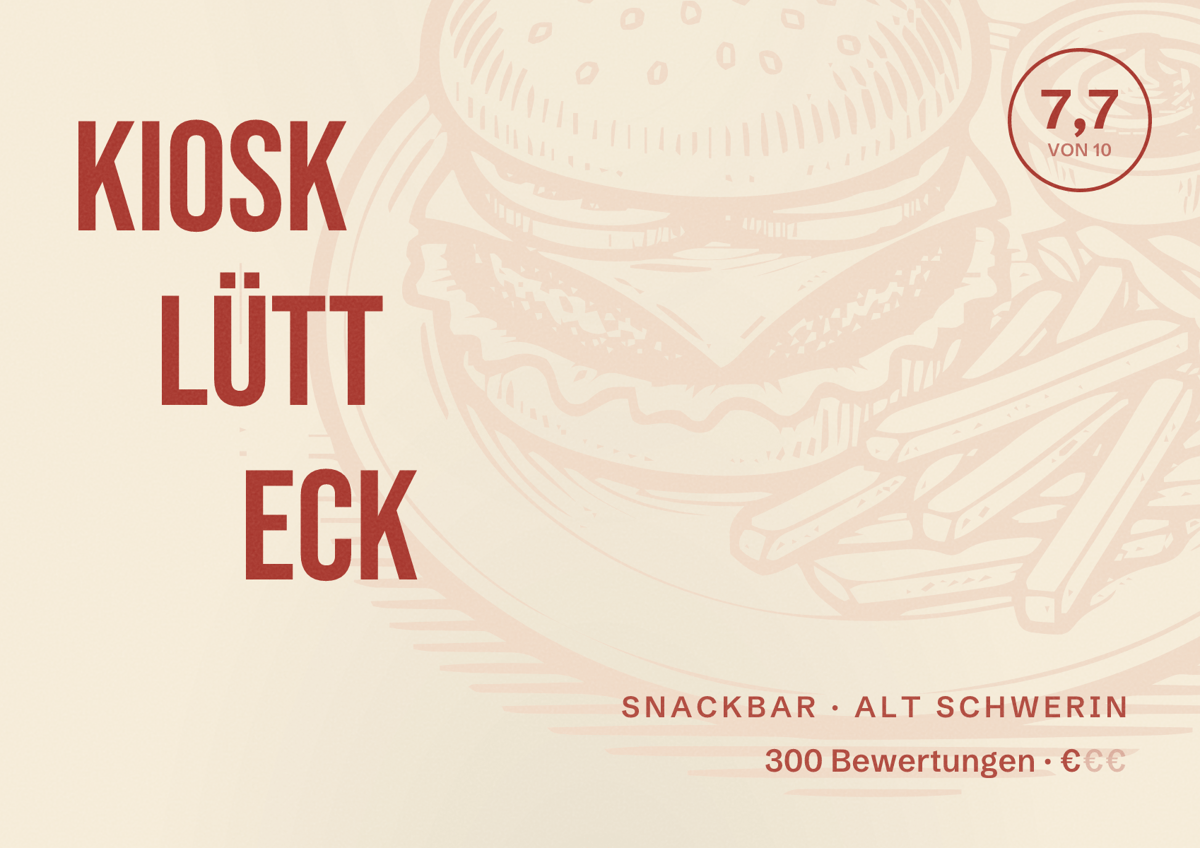 Illustriertes Poster von Kiosk Lütt Eck, Snackbar in Alt Schwerin: Bewertung 7,7 von 10 aus 300 Bewertungen, Preisniveau €