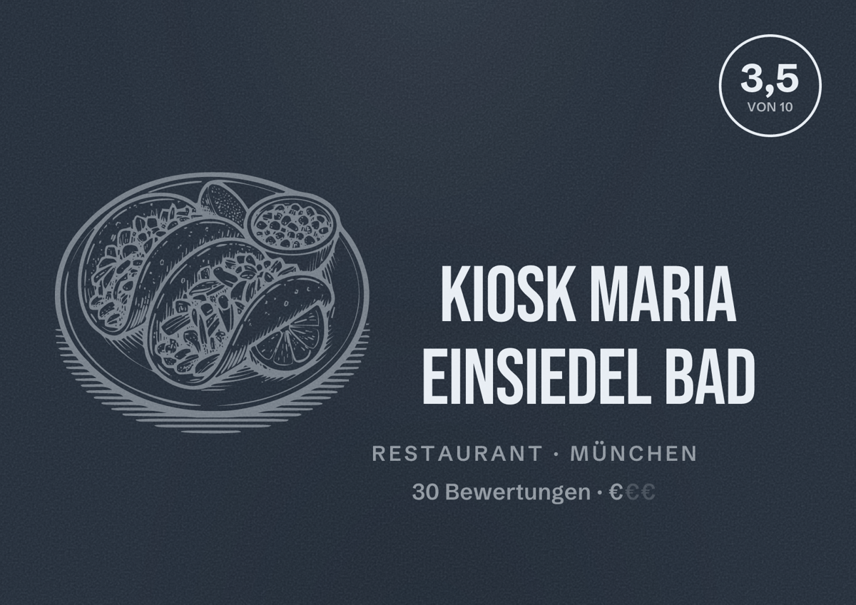 Illustriertes Poster von Kiosk Maria Einsiedel Bad, Restaurant in München: Bewertung 3,5 von 10 aus 30 Bewertungen, Preisniveau €