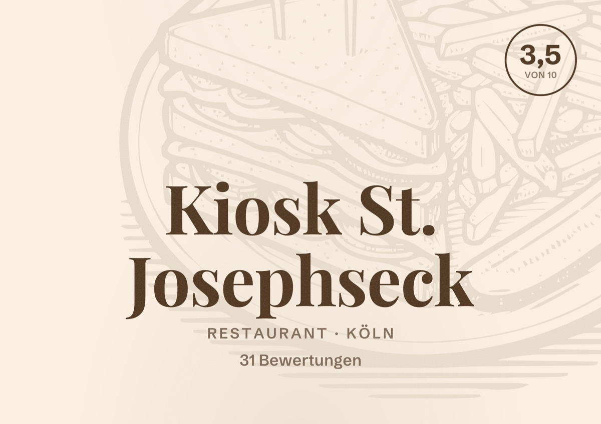 Illustriertes Poster von Kiosk St. Josephseck, Restaurant in Köln: Bewertung 3,5 von 10 aus 31 Bewertungen