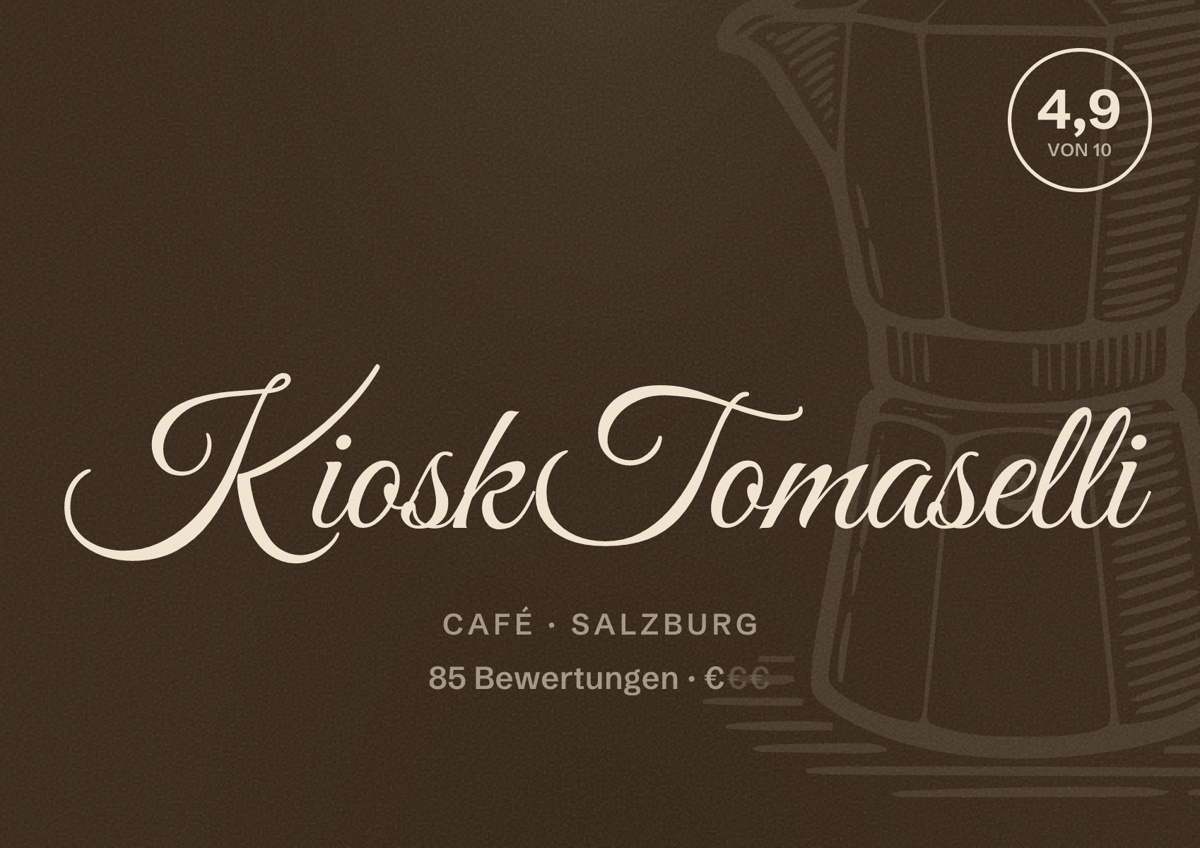 Illustriertes Poster von Kiosk Tomaselli, Café in Salzburg: Bewertung 4,9 von 10 aus 85 Bewertungen, Preisniveau €
