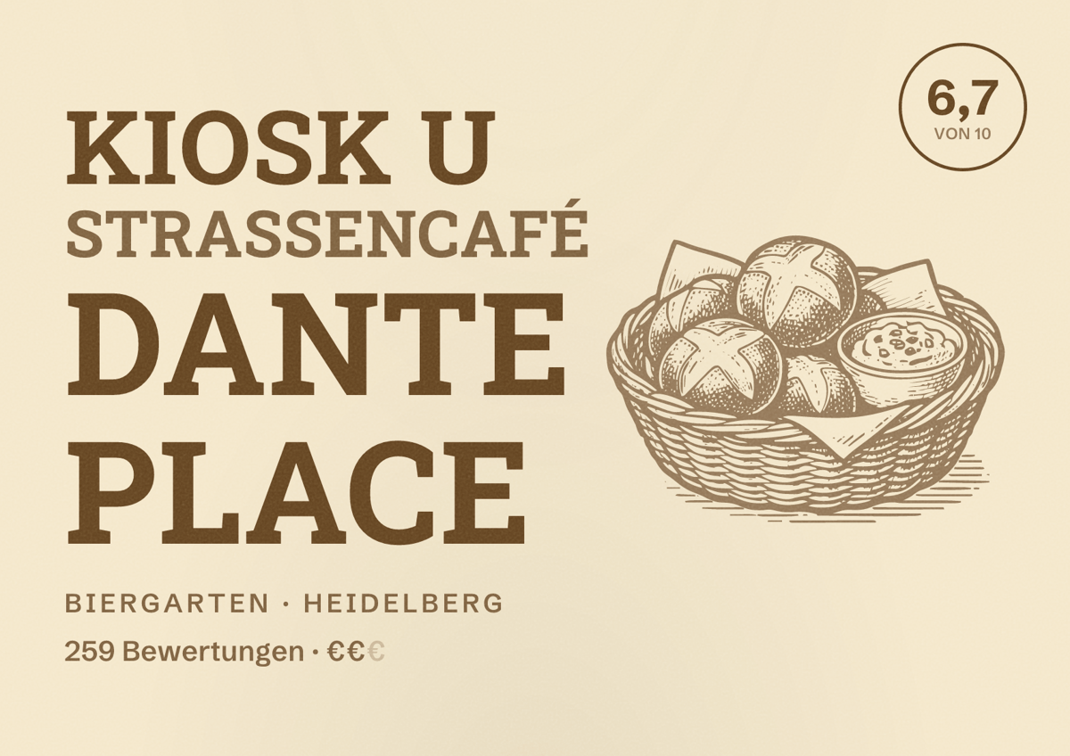 Illustriertes Poster von Kiosk u Straßencafé Dante Place, Biergarten in Heidelberg: Bewertung 6,7 von 10 aus 259 Bewertungen, Preisniveau €€