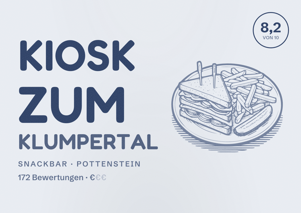 Illustriertes Poster von Kiosk zum Klumpertal, Snackbar in Pottenstein: Bewertung 8,2 von 10 aus 172 Bewertungen, Preisniveau €
