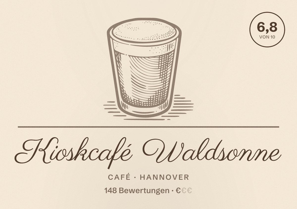 Illustriertes Poster von Kioskcafé Waldsonne, Café in Hannover: Bewertung 6,8 von 10 aus 148 Bewertungen, Preisniveau €