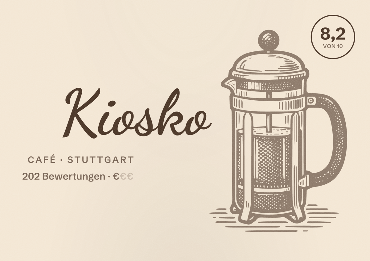 Illustriertes Poster von Kiosko, Café in Stuttgart: Bewertung 8,2 von 10 aus 202 Bewertungen, Preisniveau €