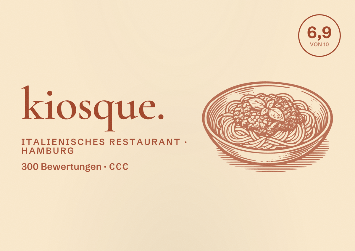 Illustriertes Poster von kiosque., Italienisches Restaurant in Hamburg: Bewertung 6,9 von 10 aus 300 Bewertungen, Preisniveau €€€