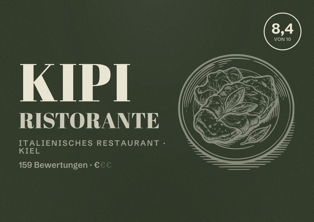 Illustriertes Poster von KiPi Ristorante, Italienisches Restaurant in Kiel: Bewertung 8,4 von 10 aus 159 Bewertungen, Preisniveau €