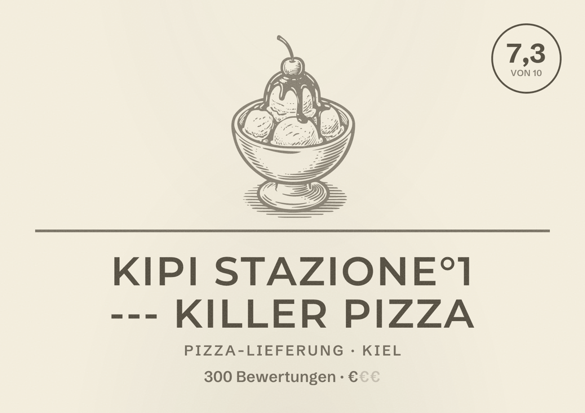 Illustriertes Poster von KiPi Stazione°1 --- Killer Pizza, Pizza-Lieferung in Kiel: Bewertung 7,3 von 10 aus 300 Bewertungen, Preisniveau €