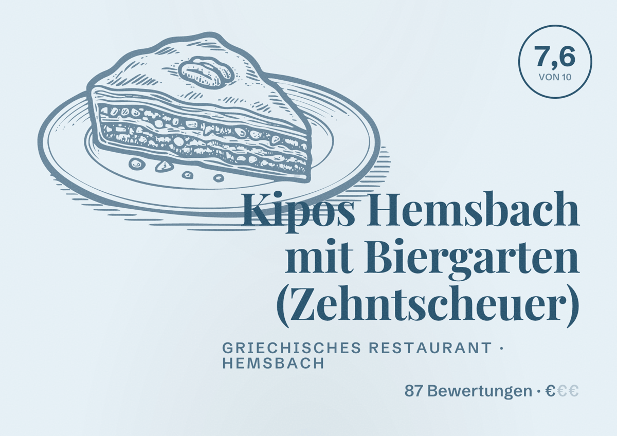 Illustriertes Poster von Kipos Hemsbach mit Biergarten (Zehntscheuer), Griechisches Restaurant in Hemsbach: Bewertung 7,6 von 10 aus 87 Bewertungen, Preisniveau €