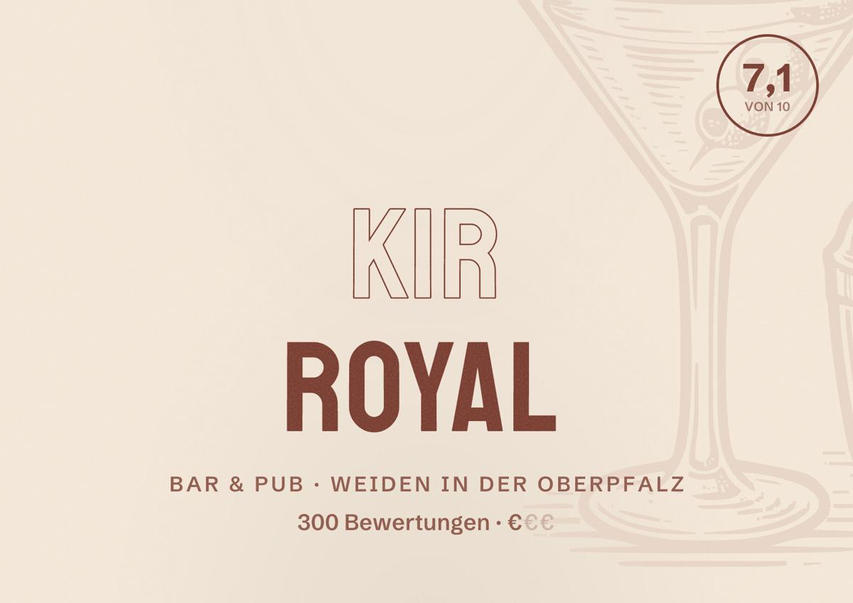 Illustriertes Poster von Kir Royal, Bar & Pub in Weiden in der Oberpfalz: Bewertung 7,1 von 10 aus 300 Bewertungen, Preisniveau €