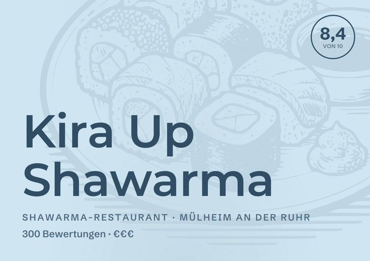 Illustriertes Poster von Kira Up Shawarma, Shawarma-Restaurant in Mülheim an der Ruhr: Bewertung 8,4 von 10 aus 300 Bewertungen, Preisniveau €€€