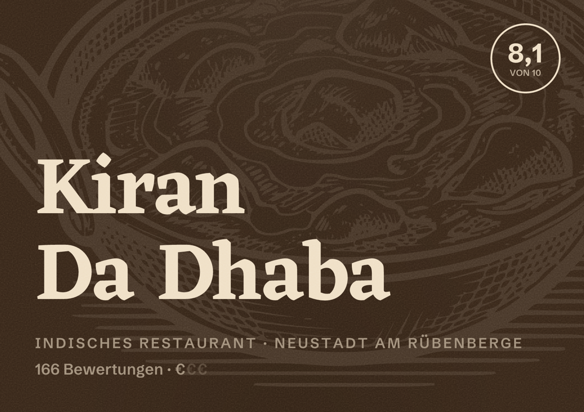 Illustriertes Poster von Kiran Da Dhaba, Indisches Restaurant in Neustadt am Rübenberge: Bewertung 8,1 von 10 aus 166 Bewertungen, Preisniveau €