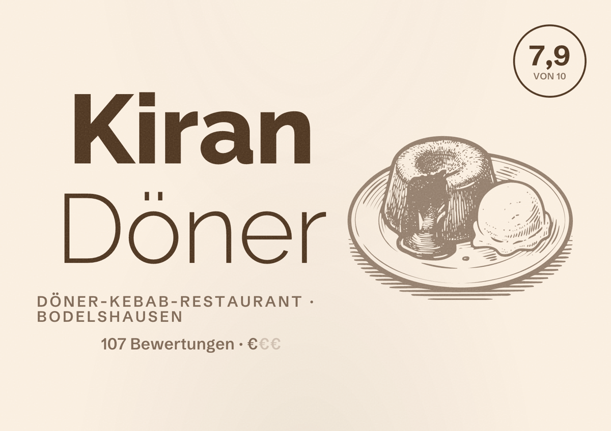 Illustriertes Poster von Kiran Döner, Döner-Kebab-Restaurant in Bodelshausen: Bewertung 7,9 von 10 aus 107 Bewertungen, Preisniveau €