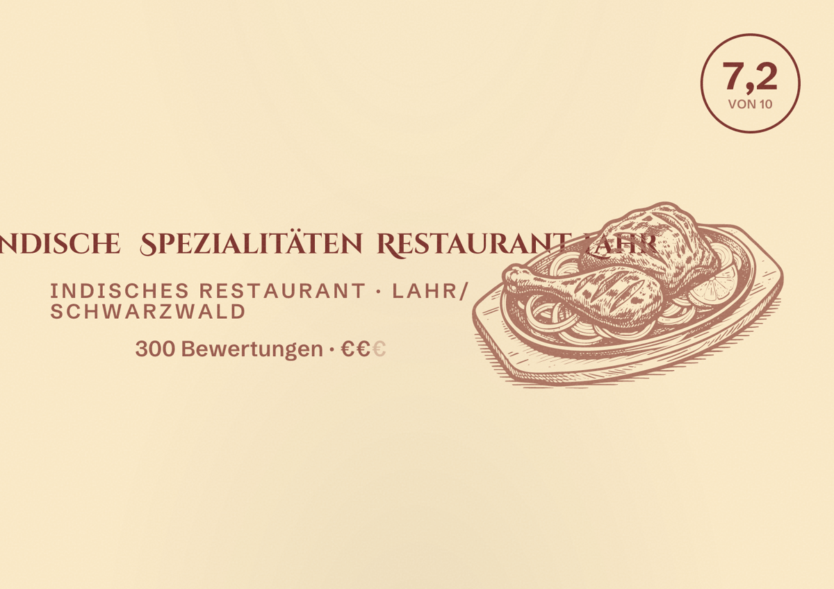 Illustriertes Poster von Kiran - indische Spezialitäten Restaurant Lahr, Indisches Restaurant in Lahr/Schwarzwald: Bewertung 7,2 von 10 aus 300 Bewertungen, Preisniveau €