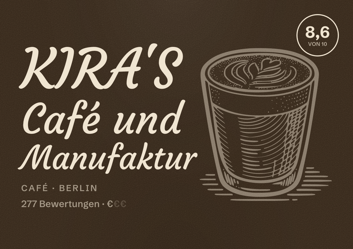 Illustriertes Poster von KIRA'S Café und Manufaktur, Café in Berlin: Bewertung 8,6 von 10 aus 277 Bewertungen, Preisniveau €