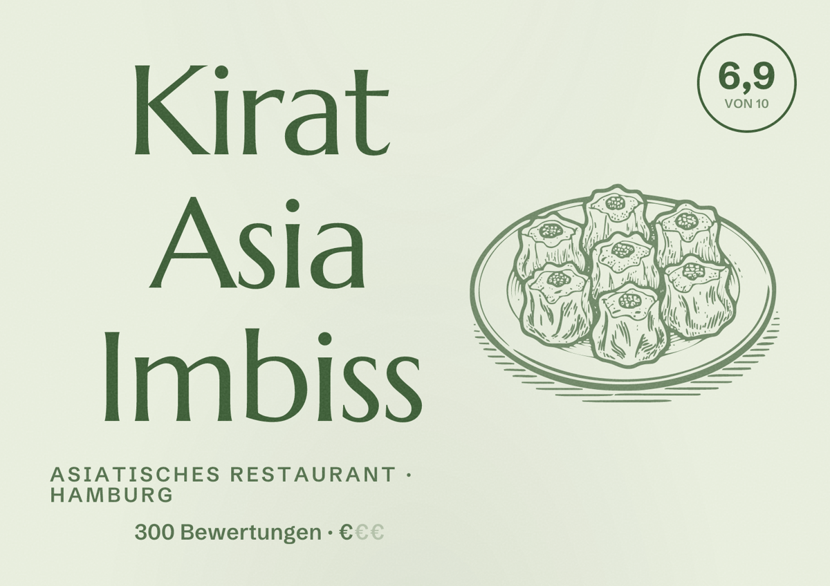 Illustriertes Poster von Kirat Asia Imbiss, Asiatisches Restaurant in Hamburg: Bewertung 6,9 von 10 aus 300 Bewertungen, Preisniveau €