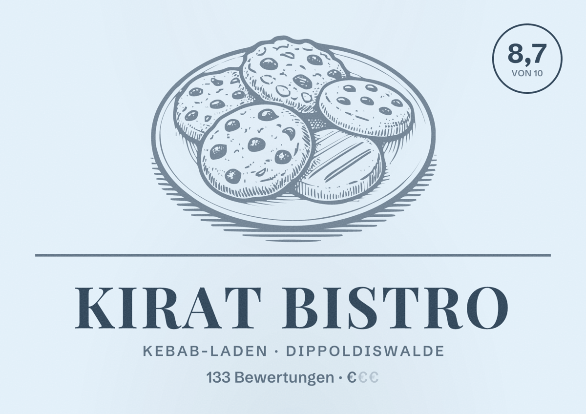 Illustriertes Poster von Kirat Bistro, Kebab-Laden in Dippoldiswalde: Bewertung 8,7 von 10 aus 133 Bewertungen, Preisniveau €
